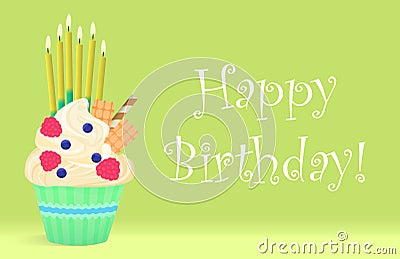 Delicious Birthday cupcake with candles on light background. Happy birthday. Vector Illustration