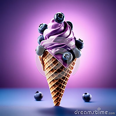 Floating delicious blueberry gelato cone is a summertime treat that is sure to tantalize your taste buds Stock Photo