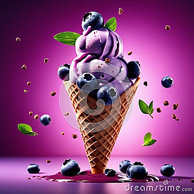 Floating delicious blueberry gelato cone is a summertime treat that is sure to tantalize your taste buds Stock Photo