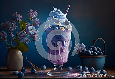 Delicious Blueberry milkshake stands in a cozy cafe on the table. AI Generated Stock Photo