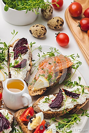 Delicious, bread toast with red fish, soft cheese Stock Photo