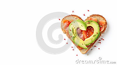 Delicious bread toasts in the shape of heart, with fresh avocado and red salted fish, on a white background Stock Photo