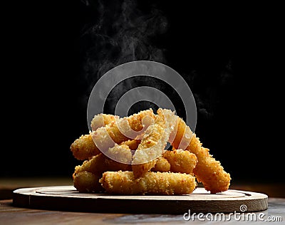 Delicious breaded mozzarella cheese sticks stack with hand with hot smokes Stock Photo