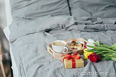 Delicious breakfast for holiday morning in bed. Mother`s day, birthday, 8 march, valentines day concept Stock Photo