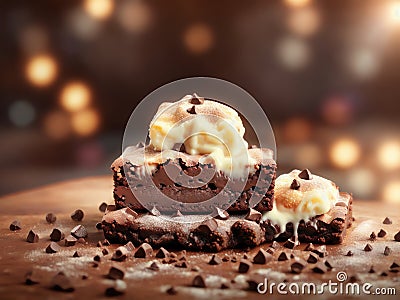 Delicious Brownie With Chocolate On Top. Generative AI Stock Photo