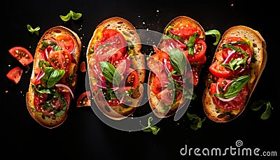 Delicious bruschetta sandwiches with tomatoes and mozarella. Stock Photo