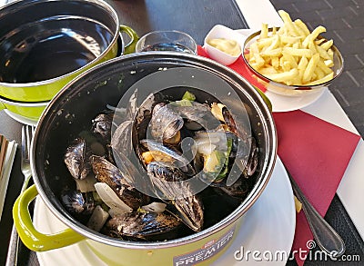 Delicious Brussels Lifestyle Europe Belgium Blue Mussels Chips Moules Frites French Belgian Bistro Style Dining Seafood Restaurant Editorial Stock Photo