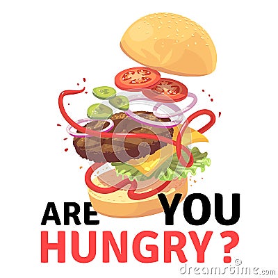 Delicious burger. Attractive flying hamburger cartoon vector illustration Vector Illustration