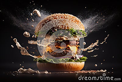 Delicious burger exploding in front of the camera with floating ingredients on black background. Generative AI Stock Photo