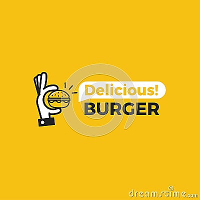 Delicious burger. Hand with a small hamburger. Vector Illustration