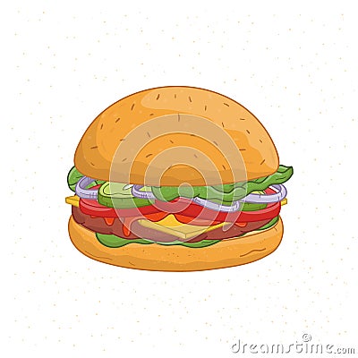 Delicious burger isolated on white background. Drawing of tasty hamburger or cheeseburger with meat patty, cheese and Vector Illustration