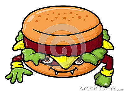 the delicious burger monster with the big eyes and vegetables inside Vector Illustration