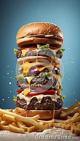 Delicious burger served on a plate with dressing. Unhealthy diet and junk food concept. Bad nutrition idea. Stock Photo