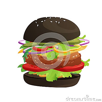 Delicious burger with tomato, cheese, cucumber, meat, onion, ketchup and salad. Fast food. Bun with sesame. Cartoon Vector Illustration