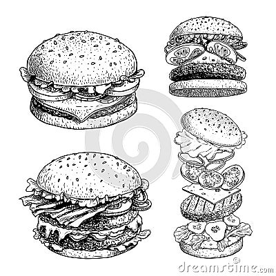 Delicious burgers set. Hand drawn sketch style drawings of different burgers. With bacon, cheese, salad, tomatoes, cucumbera etc. Vector Illustration