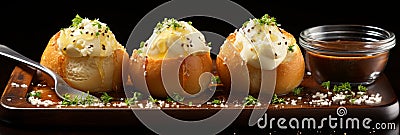Delicious buttered buns with sliced bread and fresh parsley. Banner with copy space for text. Stock Photo