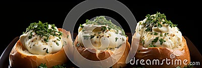 Delicious buttered buns with sliced bread and fresh parsley. Copy space banner for text. Stock Photo