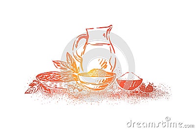 Delicious cacao making, cocoa beans, bowl with sugar, crushed walnuts, strawberry and milk jar, tasty dessert Vector Illustration