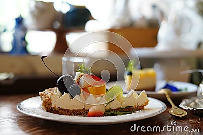 Delicious cake Beautifully decorated and served to customers. Stock Photo