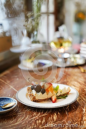 Delicious cake Beautifully decorated and served to customers. Stock Photo