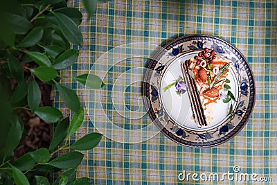 Delicious cake Beautifully decorated and served to customers. Stock Photo