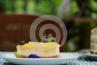 Delicious cake Beautifully decorated and served to customers. Stock Photo