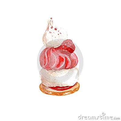 Delicious cake with meringue and raspberry. Hand drawn watercolor illustration isolated on white background. Vector Cartoon Illustration