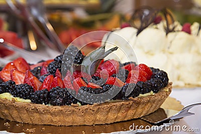 Delicious cake with wild berries top view. Berry pie close up. Chic dessert Stock Photo