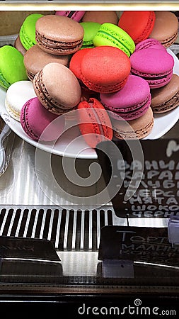 Delicious cakes behind the window in the cafe Stock Photo