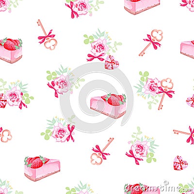 Delicious cakes, flowers and keys seamless vector print Vector Illustration