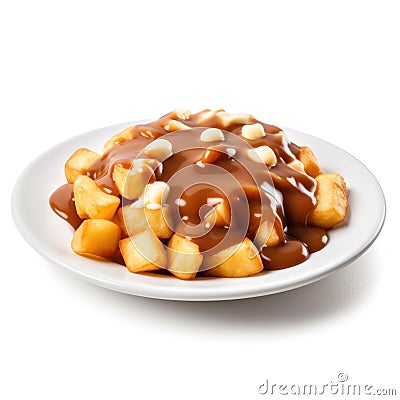 Delicious Canadian Poutine with Cheese Curds and Gravy on a Plate . Stock Photo