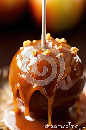 Delicious caramel apple wooden stick on plate. Ai Generated Stock Photo