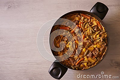 Delicious casserole noodles with pieces of beef and vegetables Stock Photo