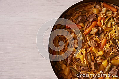 Delicious casserole noodles with pieces of beef and vegetables Stock Photo