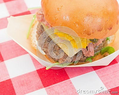 A delicious cheese burger on gingham Stock Photo