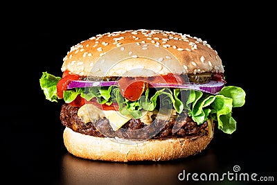 Delicious cheeseburger with beef cutlet, lettuce, tomato slices, red onion and sesame seed bun. Stock Photo