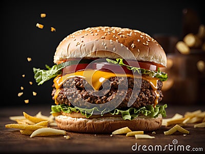 Floating delicious cheeseburger, classic comfort food that is enjoyed by people of all ages, Cinematic advertising photography Stock Photo