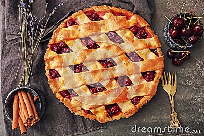 Delicious cherry pie on table, top view Stock Photo
