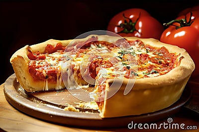 Delicious Chicago deep-dish pizza with Italian sausage beef rich tomato sauce peppers and melting cheese with cut out slice. Stock Photo