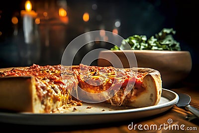 Delicious Chicago deep-dish pizza with Italian sausage beef rich tomato sauce peppers and melting cheese with cut out slice Stock Photo