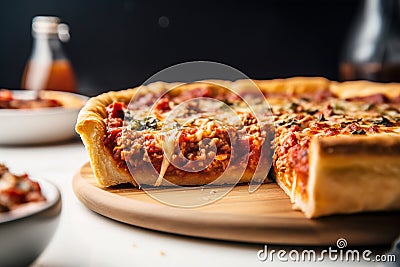 Delicious Chicago deep-dish pizza with Italian sausage beef rich tomato sauce peppers and melting cheese with cut out slice. Stock Photo