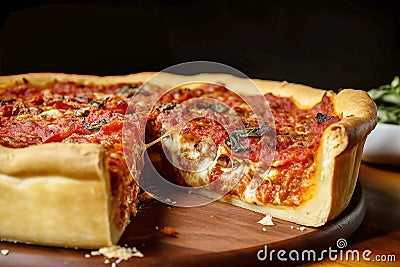 Delicious Chicago deep-dish pizza with Italian sausage beef rich tomato sauce peppers and melting cheese with cut out slice. Stock Photo