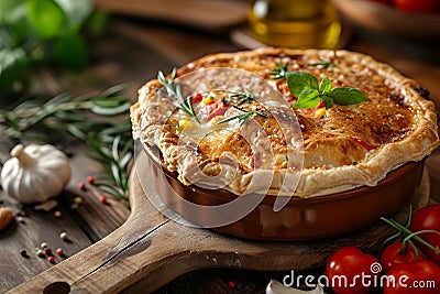 Delicious Chicago Deep-Dish Pizza Pie with Melted Cheese, Sausage, and Fresh Tomato Sauce, Culinary Delight in Every Slice Stock Photo