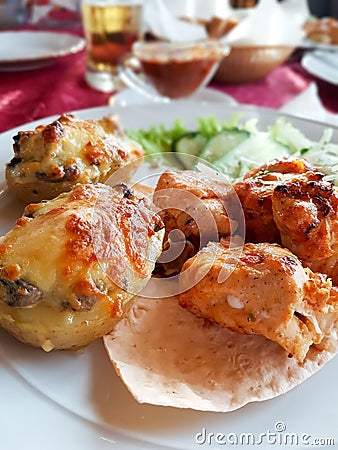 Delicious chicken kebab in the restaurant Stock Photo