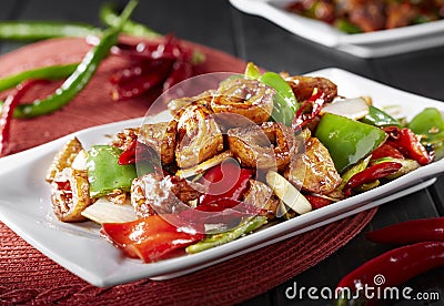 Delicious Chinese food, spicy fried pork intestine Stock Photo