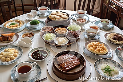 A delicious, Chinese meal, highlighting a variety of dishes such as Peking duck, mapo tofu and dumplings, served on a lazy Susan Stock Photo