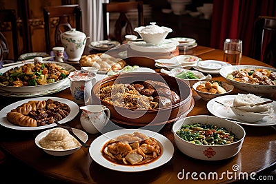 A delicious, Chinese meal, highlighting a variety of dishes such as Peking duck, mapo tofu and dumplings, served on a lazy Susan Stock Photo