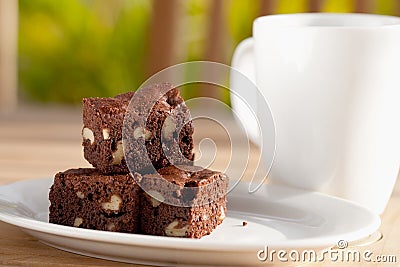 Delicious chocolate brownie with pecan and walnut. Stock Photo