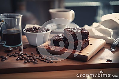 Delicious chocolate brownie on top of wooden table with breakfast or afternoon coffee items Stock Photo