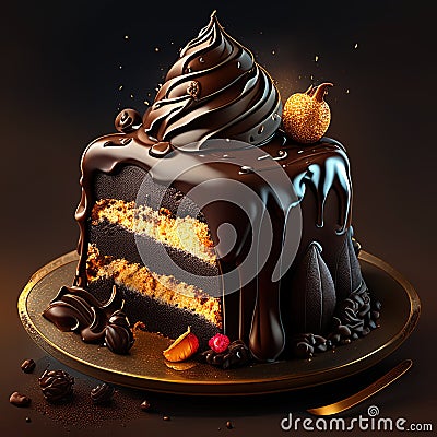 Delicious chocolate cake on dark background. 3d rendering, 3d illustration. AI Generated dessert ai Cartoon Illustration